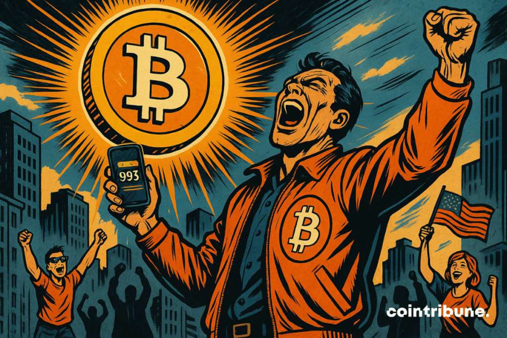 Un inversor eufórico levanta su smartphone, que muestra el número "93" bajo un gigantesco logotipo brillante de Bitcoin. A su alrededor, una multitud celebra el espectacular aumento de la capitalización bursátil de Bitcoin.