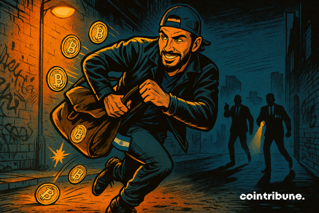 O presidente de El Salvador, Nayib Bukele, foge com um saco cheio de bitcoins. Os agentes do FMI procuram-no com uma lanterna.
