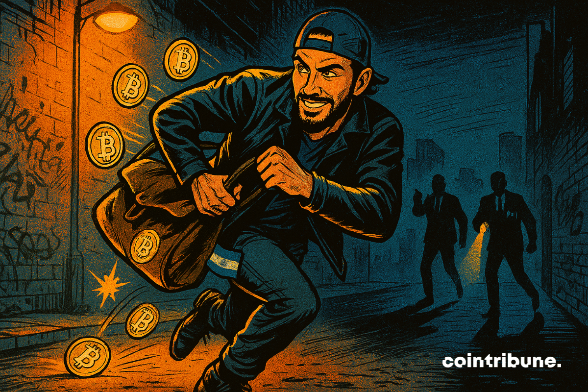 O presidente de El Salvador, Nayib Bukele, foge com um saco cheio de bitcoins. Os agentes do FMI procuram-no com uma lanterna.