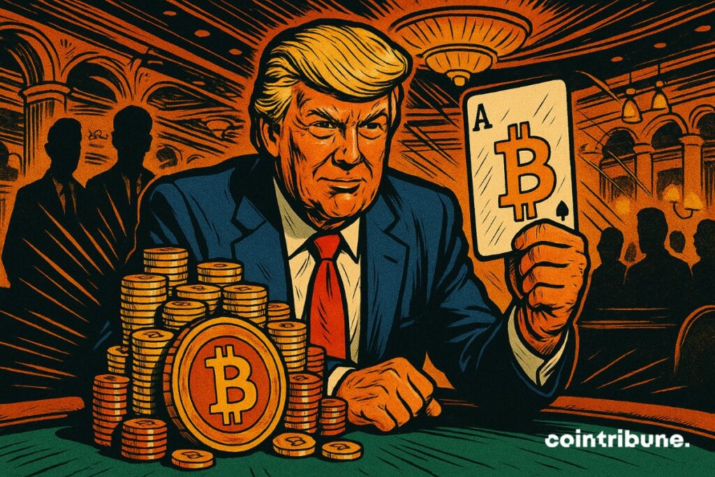 Donald Trump sorrindo com uma carta de bitcoin na mão, sentado em uma mesa de pôquer com uma pilha de moedas BTC.