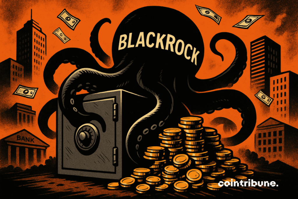 Ilustración simbólica de BlackRock confiscando los ahorros de los ciudadanos, con una mano gigante o pulpo negro perteneciente a ella agarrando una caja fuerte llena de monedas.
