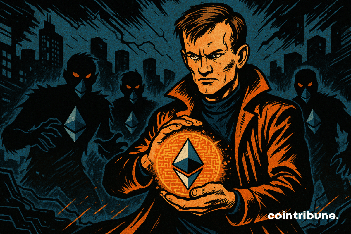Vitalik as a technological vigilante, with a flowing coat and a tense, upright posture. Facial expression: determined and worried. He holds a shiny piece of code bearing the Ethereum logo, protected by an orange aura.