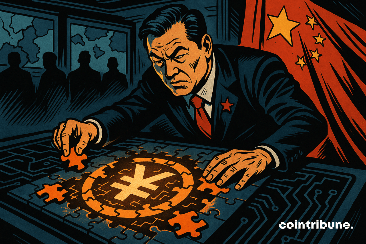 A senior Chinese official assembles a glowing digital puzzle shaped like yuan stablecoins, watched by mysterious figures in a geopolitically charged control room.