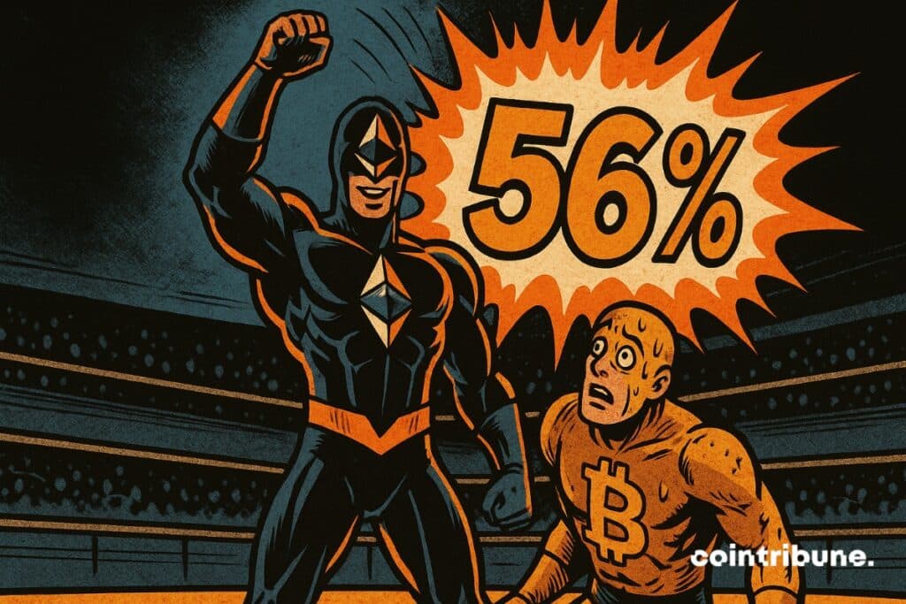 Ethereum en super héros vainqueur avec 56 % d’explosion, devant un bitcoin vaincu dans l’arène crypto.