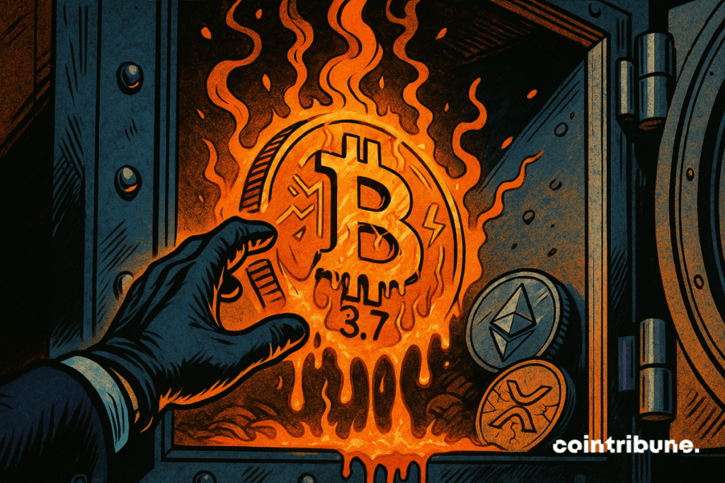 Uma mão agarrando criptomoeda BTC derretida de um cofre
