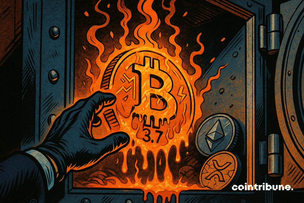 Uma mão agarrando criptomoeda BTC derretida de um cofre