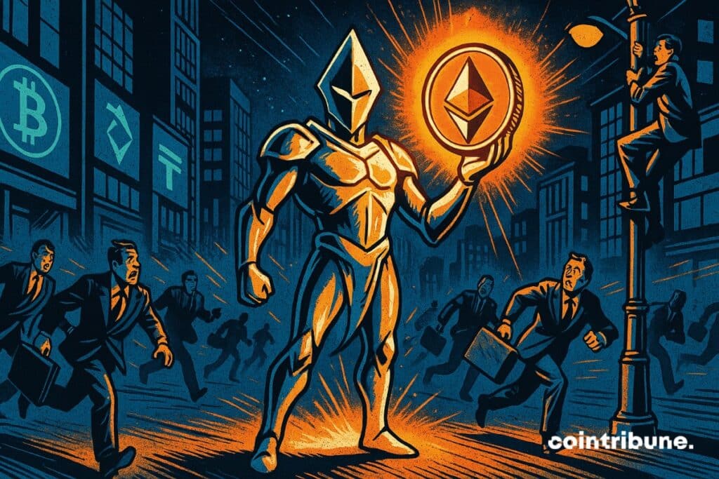 Un chevalier en armure avec une grosse pièce d’Ethereum scintillante qui attire des investisseurs crypto qui court vers elle avec des mallettes pleines d’argent.