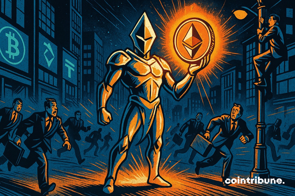 Um cavaleiro de armadura brilhante com uma grande e brilhante moeda Ethereum atrai investidores de criptomoedas que correm em sua direção com pastas cheias de dinheiro.