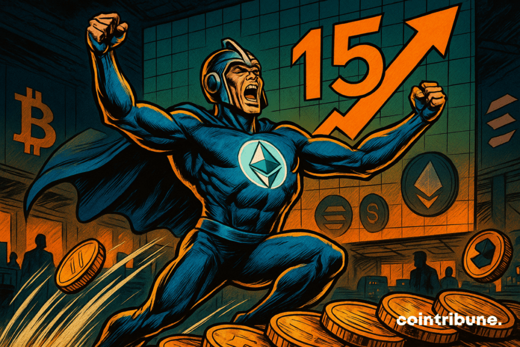 Ethereum no peito, braços erguidos em sinal de vitória. Ao fundo, um gráfico mostra uma seta laranja ascendente com o número "15", simbolizando 15 semanas de entradas.