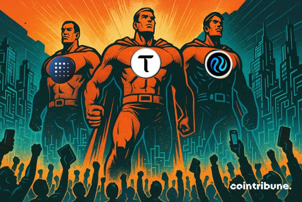 Tres héroes que representan a las criptomonedas de IA con los logotipos de TAO, INJ y FET en el pecho. Son aclamados por la multitud.