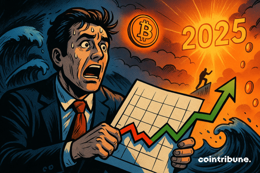 Homem segurando um gráfico de criptomoedas com uma seta ascendente, Bitcoin e “2025” brilhando acima de ondas tempestuosas.
