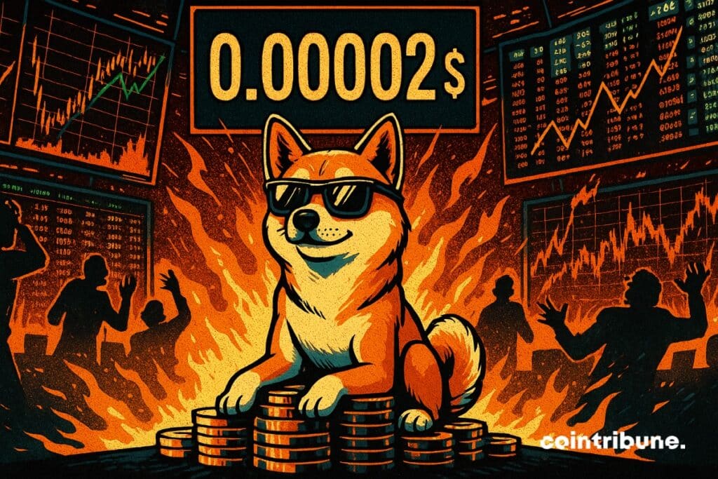 O Shiba Inu em modo frio em uma bolsa de cripto em chamas e um contador exibindo 0,00002 dólares.