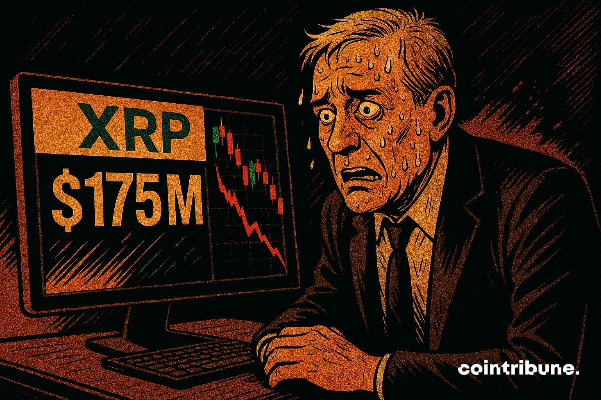 Le co-fondateur de Ripple, Chris Larsen sous pression devant un écran qui affiche une transaction de 175 millions de dollars de XRP.
