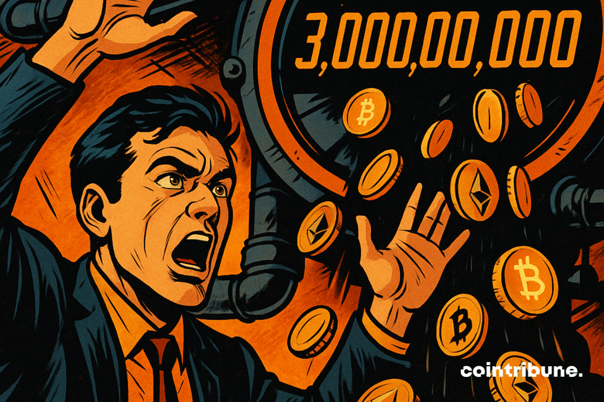 Un investisseur tente de stopper une pluie de tokens Bitcoin et Ethereum, alors que le compteur affiche une libération imminente de 3 milliards de dollars.