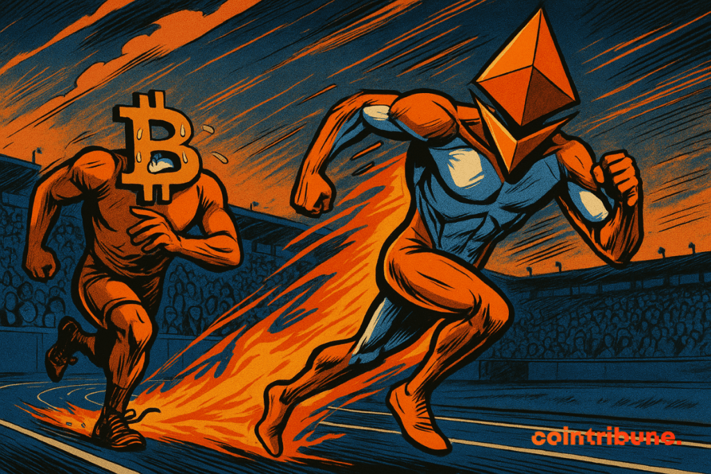 O Ethereum dispara à frente do Bitcoin em dificuldades em uma corrida dramática e cômica dos anos 70, simbolizando o desempenho superior do ETH ao longo de uma década.