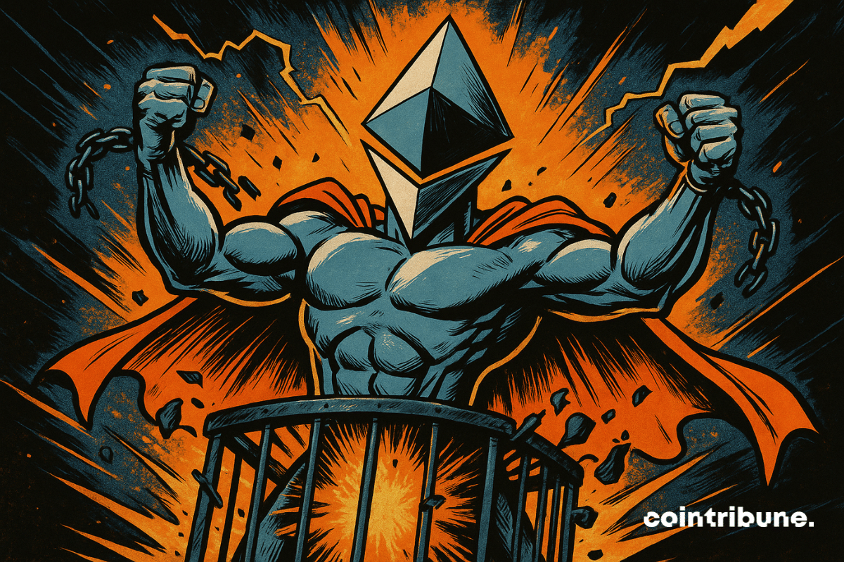 Um super-herói do Ethereum emerge de uma gaiola explodida, segurando correntes quebradas, irradiando luz laranja, simbolizando a libertação e a ascensão até US$ 5.000.