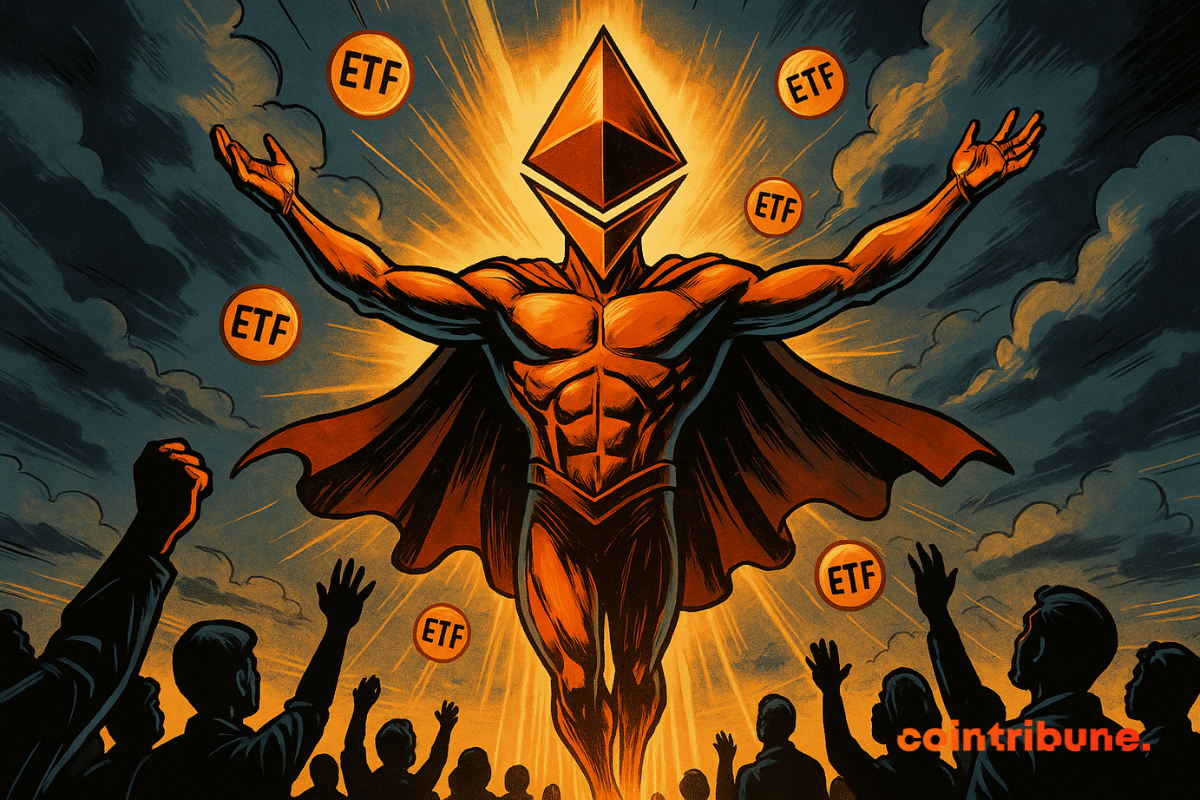 O Ethereum surge como um herói, brilhando intensamente enquanto as moedas do ETF orbitam e uma multidão aplaude sob um céu dramático.
