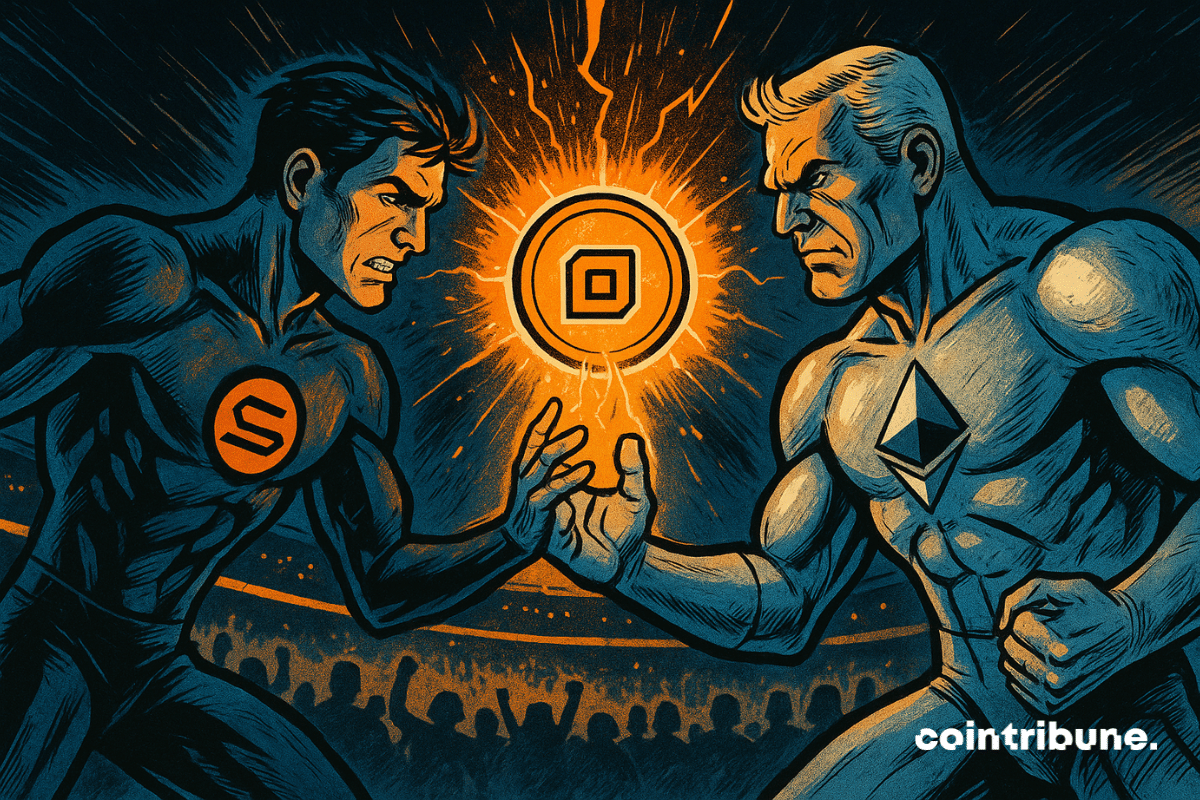 Em uma arena acirrada, Solana e Ethereum se enfrentam por um ativo tokenizado brilhante. Seus olhares acalorados personificam a rivalidade feroz entre blockchains em um duelo tecnológico épico.