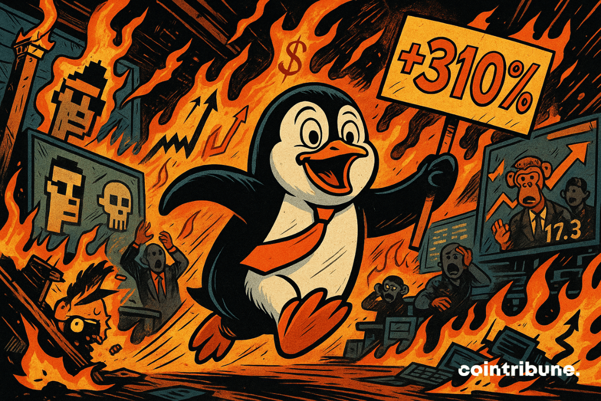 Pinguim eufórico caminha por exchange de NFTs em chamas