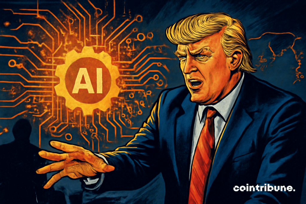 Donald Trump, em um terno escuro, estende a mão para um holograma de IA luminoso, simbolizando uma revolução tecnológica, cercado por circuitos eletrônicos e tensões geopolíticas em um ambiente energético.