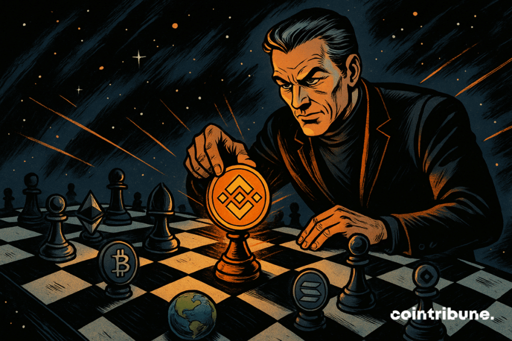Un stratège crypto joue une pièce BNB sur un échiquier spatial