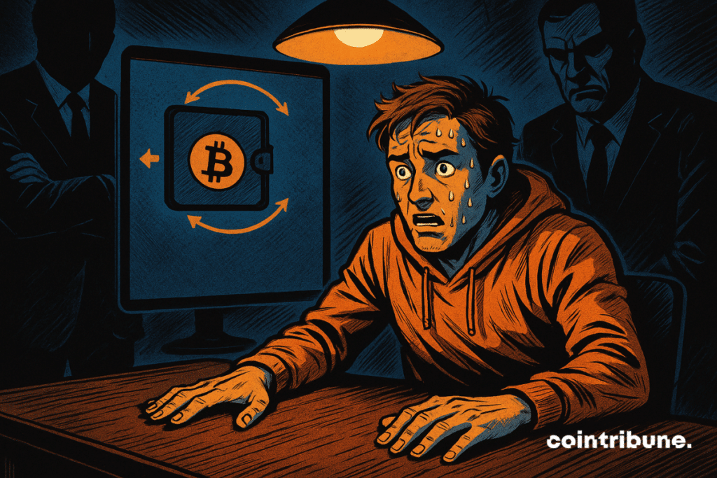 Un empresario del sector de las criptomonedas, sudando, es sometido a un tenso interrogatorio bajo una luz cruda, rodeado por dos figuras amenazantes. En la pantalla, una cartera de Bitcoin brilla, símbolo de sospecha.