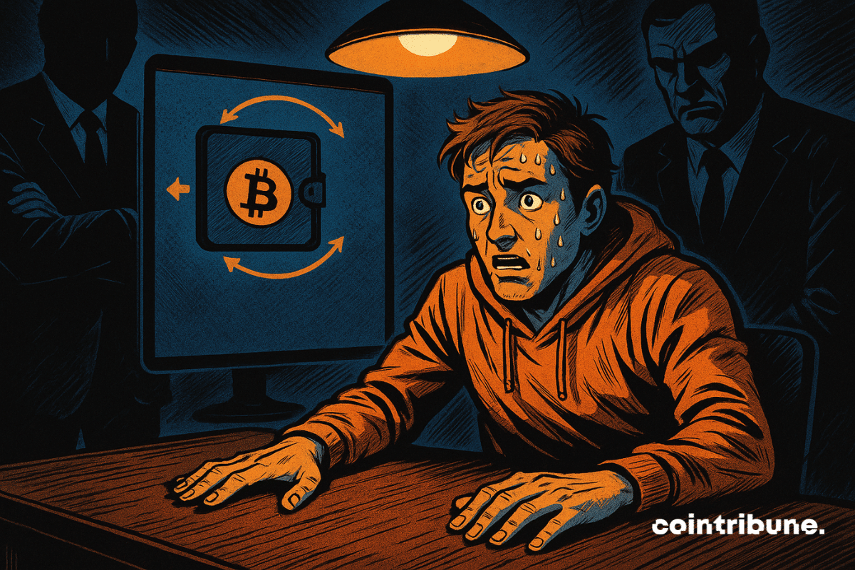 Un empresario del sector de las criptomonedas, sudando, es sometido a un tenso interrogatorio bajo una luz cruda, rodeado por dos figuras amenazantes. En la pantalla, una cartera de Bitcoin brilla, símbolo de sospecha.