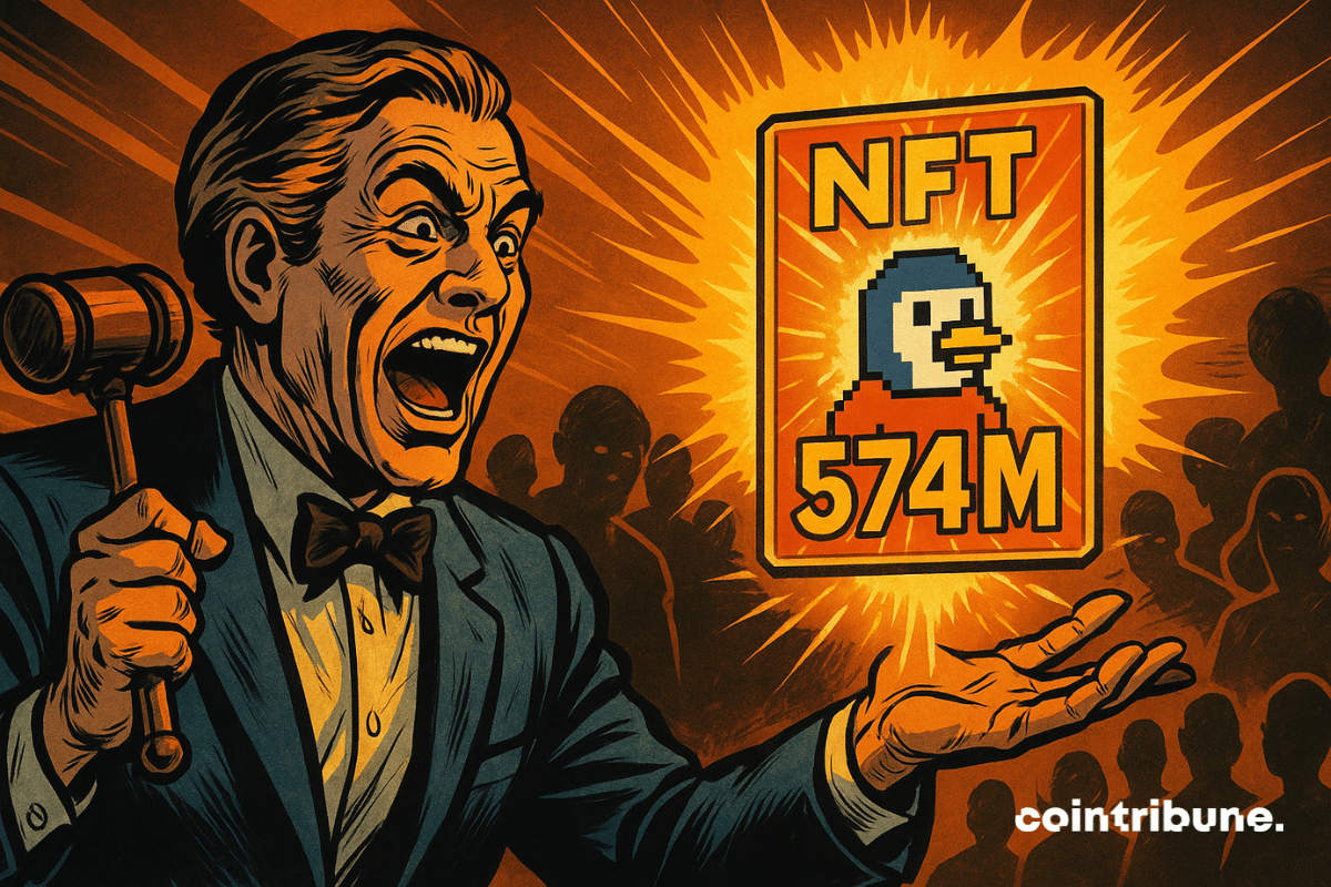 Um leiloeiro animado exibe um NFT pixelado para uma multidão escura, iluminado por uma luz laranja brilhante. A obra de arte exibe orgulhosamente "574M".