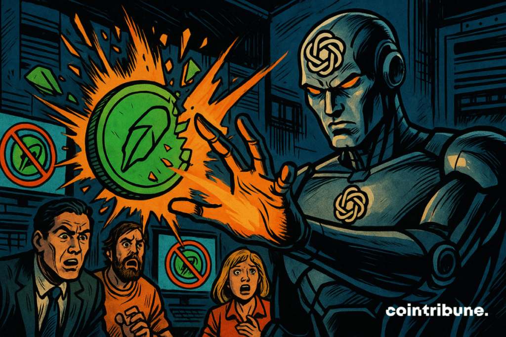 Un androïde d'OpenAI imposant détruit un jeton vert Robinhood d’un geste énergique, sous les regards choqués de trois témoins. L’éclat orange illumine la scène, évoquant un démenti puissant et technologique