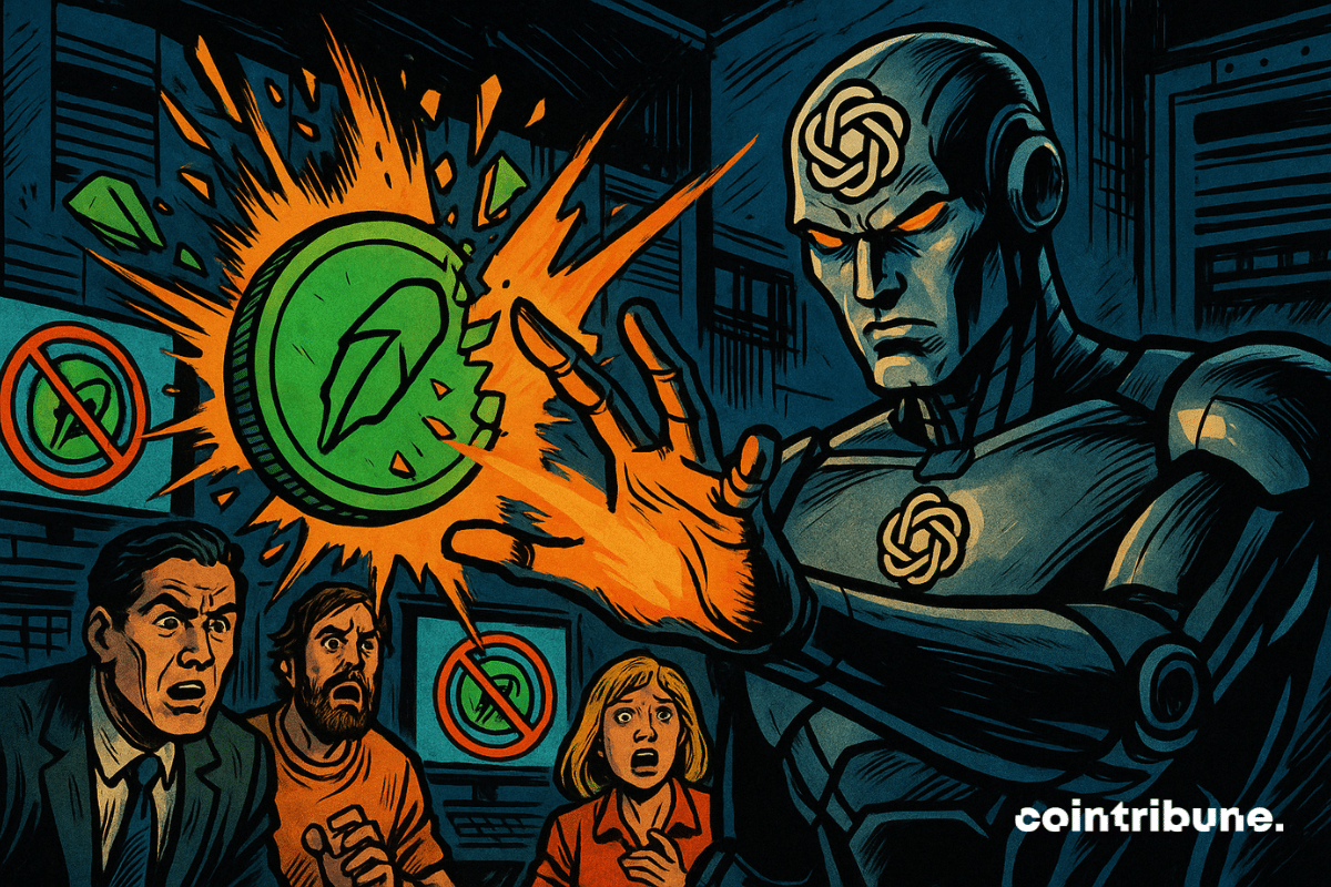 Un androïde d'OpenAI imposant détruit un jeton vert Robinhood d’un geste énergique, sous les regards choqués de trois témoins. L’éclat orange illumine la scène, évoquant un démenti puissant et technologique