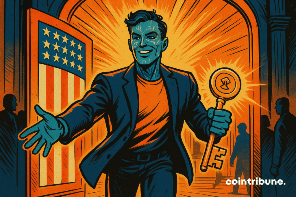 Uma figura meio humana, meio digital, atravessa uma porta adornada com a bandeira americana, brandindo uma chave brilhante. A imagem evoca o retorno triunfante da Polymarket ao solo americano.