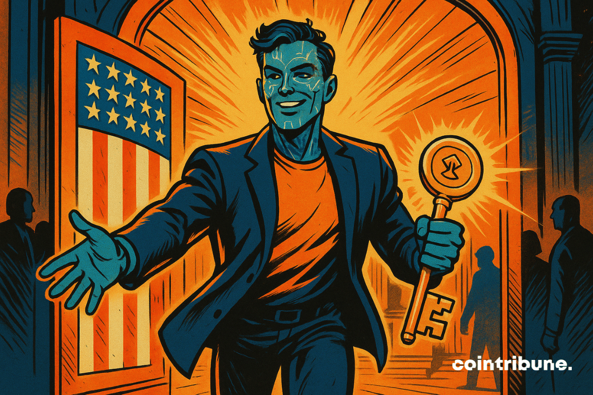 Uma figura meio humana, meio digital, atravessa uma porta adornada com a bandeira americana, brandindo uma chave brilhante. A imagem evoca o retorno triunfante da Polymarket ao solo americano.