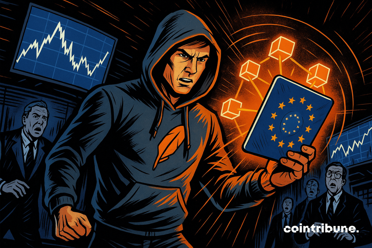 Un jeune trader de Robinhood déterminé brandit une tablette holographique affichant des blocs connectés et le drapeau européen, sous les regards choqués de banquiers dans une salle de marché crypto futuriste.