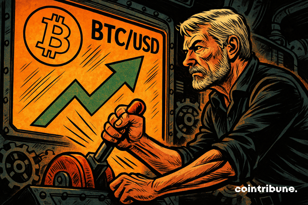 Michael Saylor aciona um joystick gigante, desencadeando a ascensão meteórica do Bitcoin em uma tela brilhante. Tensão, poder e recuperação do mercado se entrelaçam.