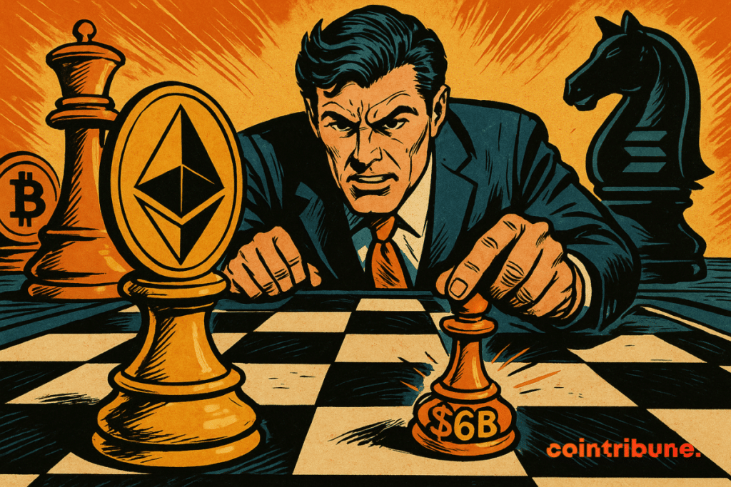 Um homem de terno joga xadrez com peças de criptomoedas, colocando um peão de US$ 6 bilhões perto de um rei do Ethereum em um estilo ousado de história em quadrinhos dos anos 1970.