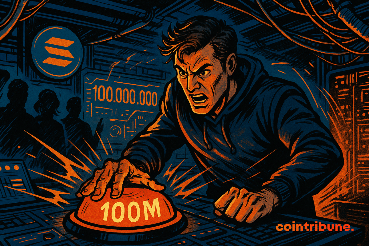 Um engenheiro determinado aperta um botão brilhante "100M" em uma sala de controle de Solana enquanto uma sobrecarga de dados aparece em uma tela digital.