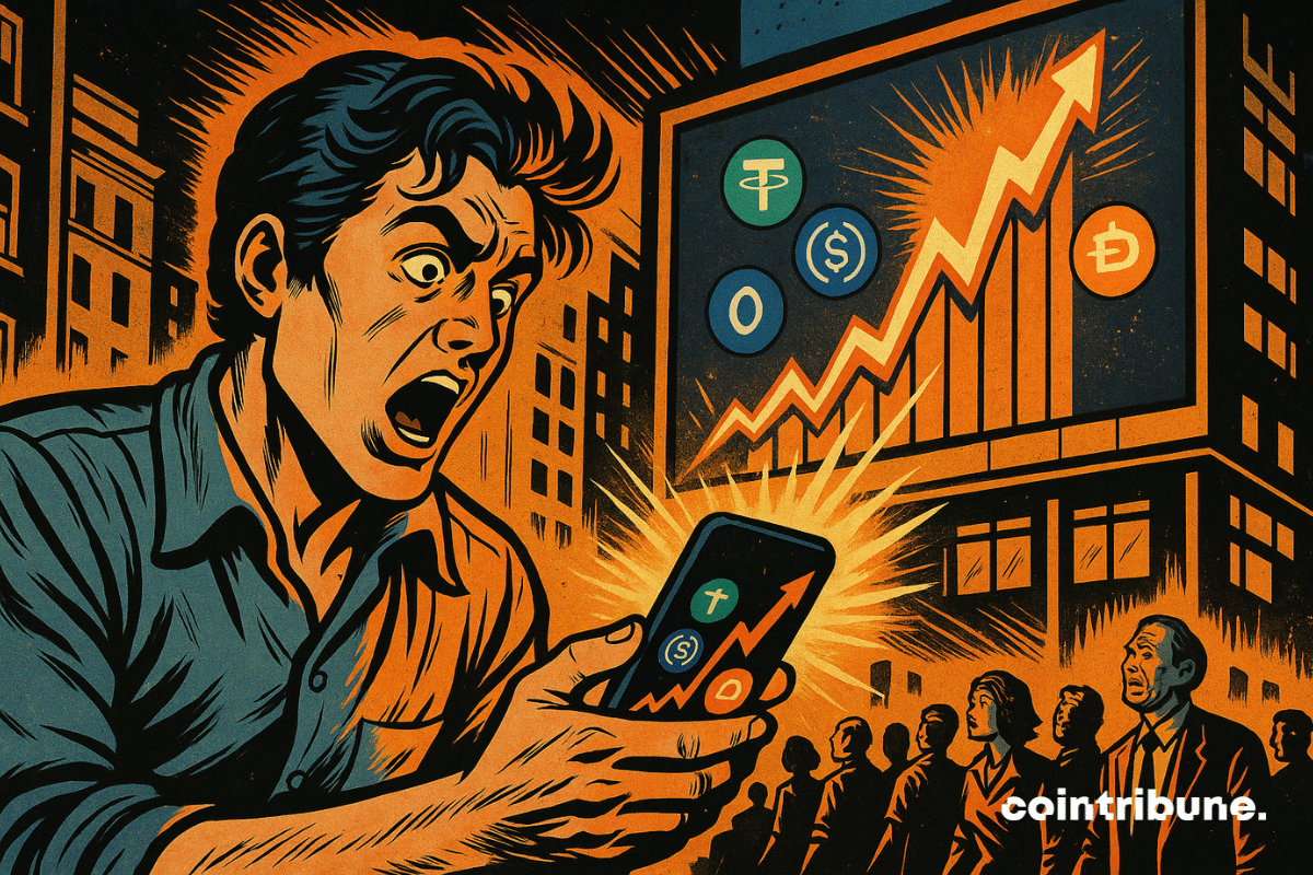 A stunned man discovers a dramatic spike in stablecoins on his smartphone, as a crowd watches, mesmerized by a giant screen in the city.