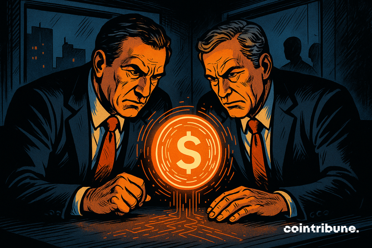 Two focused bankers examine glowing orange stablecoins floating among themselves in a dark room. In the background, mysterious silhouettes suggest a secretive digital finance plot.