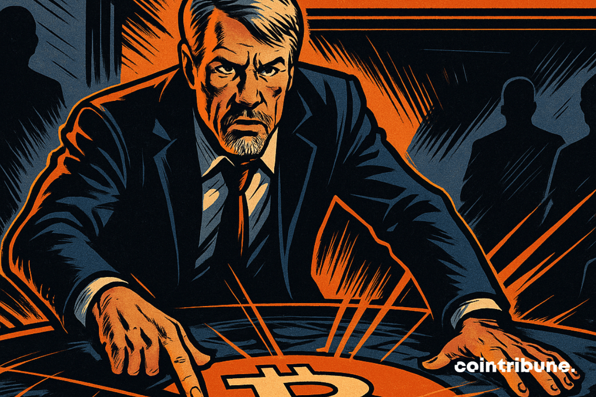 Em uma sala de estratégia escura, um determinado Michael Saylor aponta para um símbolo brilhante do Bitcoin em uma mesa de comando, com "71 bilhões" ao fundo. Uma cena poderosa, dramática e ambiciosa.