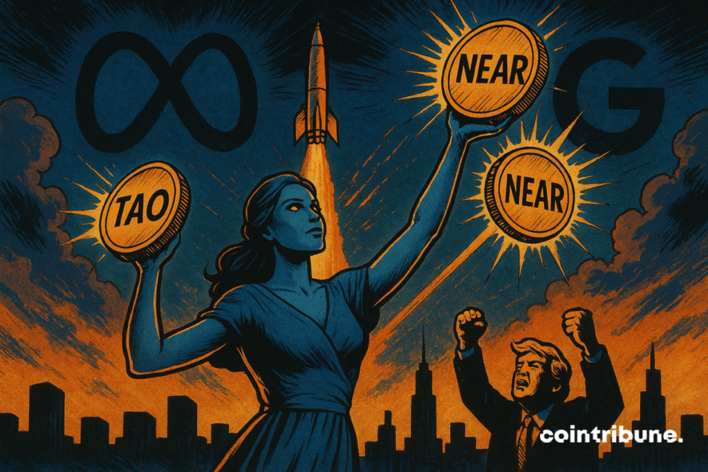 Una mujer androide con túnica levanta tokens de IA (TAO, NEAR, ICP) bajo un cielo deslumbrante. Un cohete, los logotipos de Trump y Google/Meta simbolizan el auge explosivo de las criptomonedas.