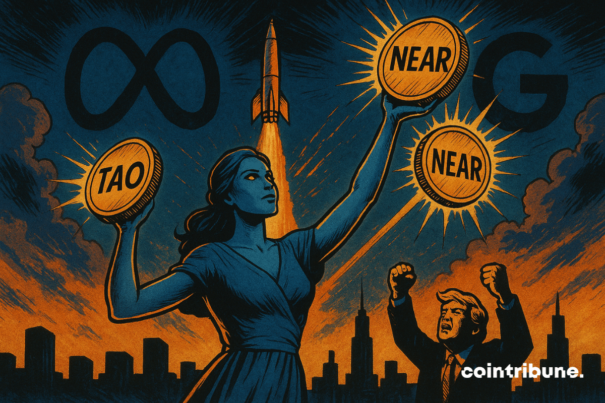 Una mujer androide con túnica levanta tokens de IA (TAO, NEAR, ICP) bajo un cielo deslumbrante. Un cohete, los logotipos de Trump y Google/Meta simbolizan el auge explosivo de las criptomonedas.