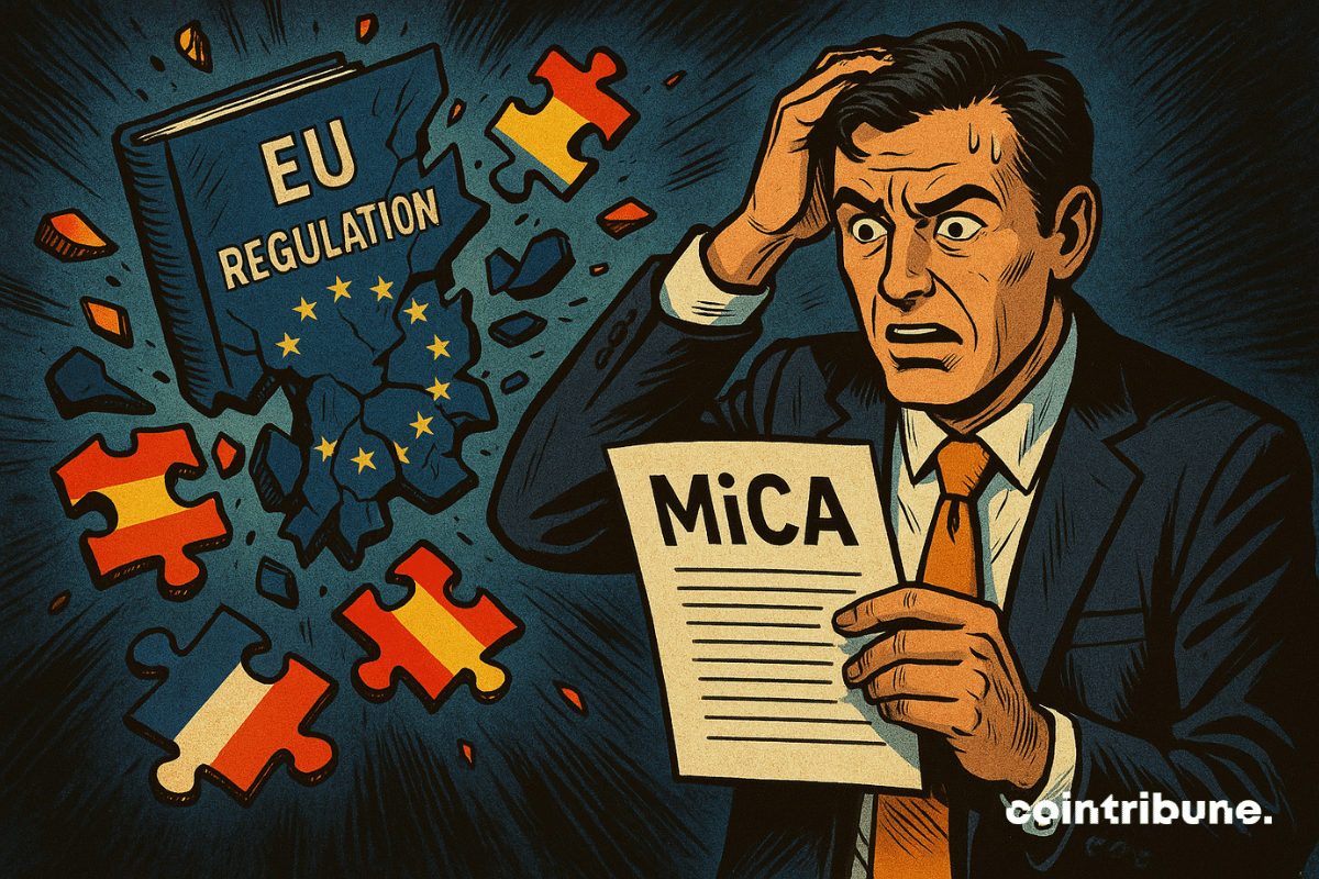 Un hombre sorprendido descubre un documento MiCA en medio del caos regulatorio europeo. Las piezas del rompecabezas y las banderas rotas simbolizan la confusión criptográfica ante la fragmentación de MiCA.