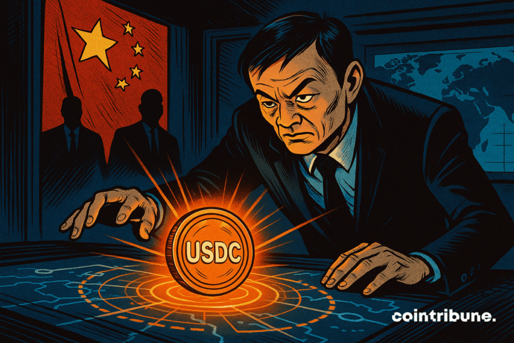 Em uma sala escura e futurista, o fundador da Ant International, Jack Ma, observa uma moeda USDC flutuando sobre uma mesa holográfica, iluminando um plano secreto que liga a China e os Estados Unidos.