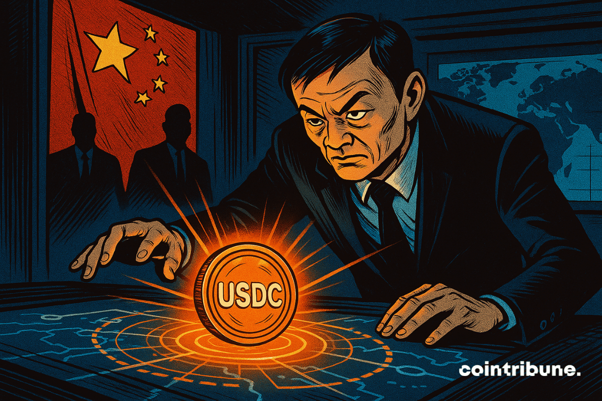 In a dark, futuristic room, Ant International founder Jack Ma observes a USDC coin floating on a holographic table, illuminating a secret plan linking China and the United States.