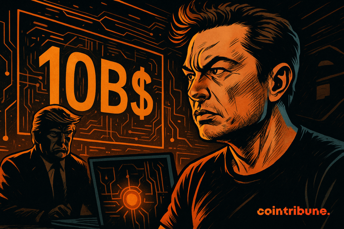 Elon Musk olha atentamente para uma tela com “10B$”, enquanto a sombra de Donald Trump aparece atrás dele.