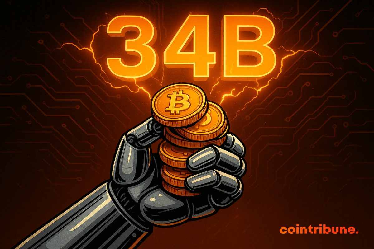 Uma mão robótica metálica segura uma pilha de moedas de Bitcoin douradas brilhantes sob um "34B" laranja brilhante com arcos elétricos, em um fundo escuro de placa de circuito.