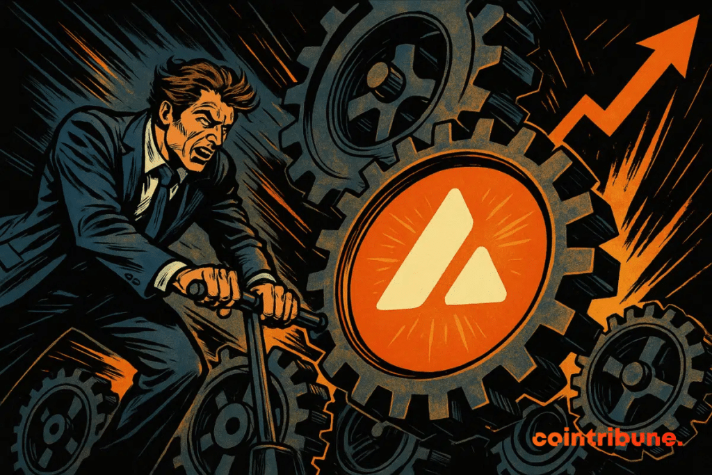 Illustration of a man in a suit pushing a machine with gears, one featuring the Avalanche (AVAX) logo, with an orange upward arrow in the background. Caption: AVAX attempts to break through a major technical resistance.