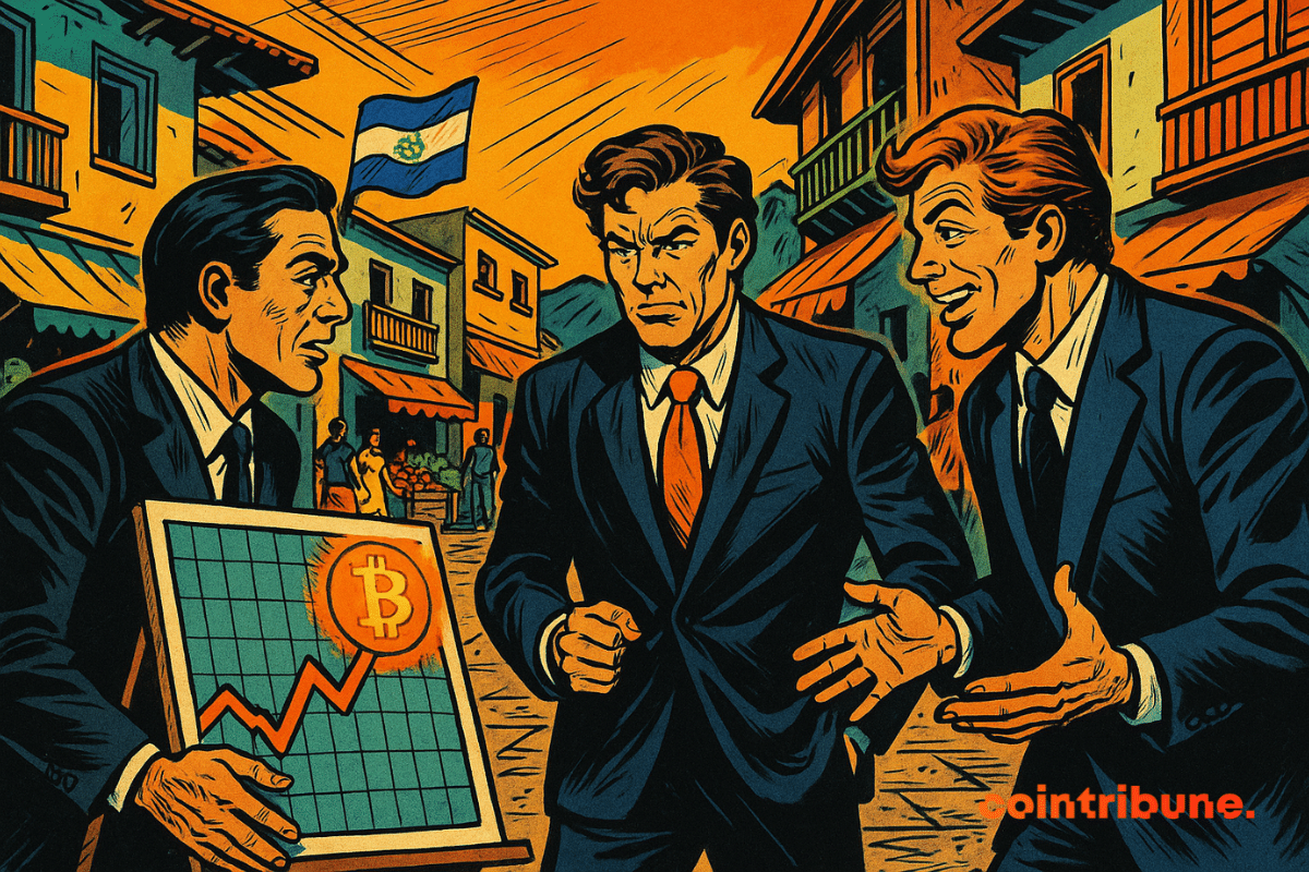 Trois banquiers discutent d’un graphique Bitcoin en pleine rue salvadorienne animée, drapeaux et marché tropical sous ciel orange.