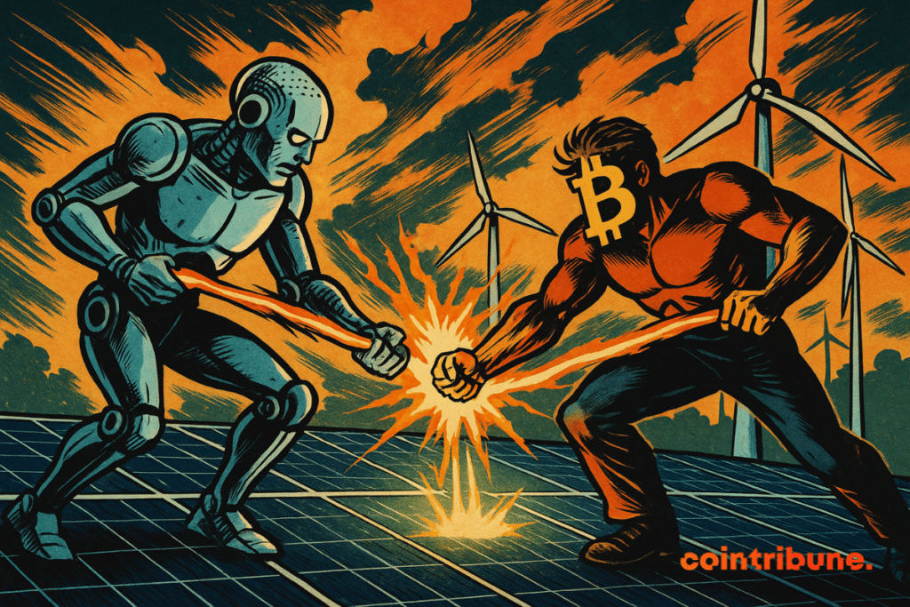 AI e Bitcoin se enfrentam em um telhado solar, fluxo de energia verde-alaranjado, turbinas eólicas ao fundo, céu dramático, estilo de quadrinhos dos anos 70.
