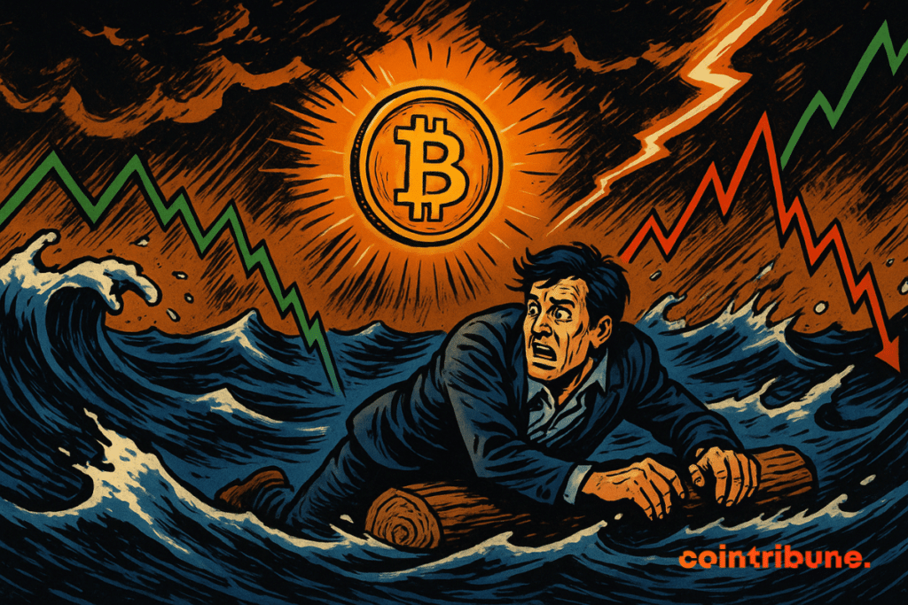 Investidor a bordo, gráfico de ondas, Bitcoin brilhante acima, tempestade escura, relâmpagos laranja e brancos, tensão, caos, linhas de movimento dinâmico.
